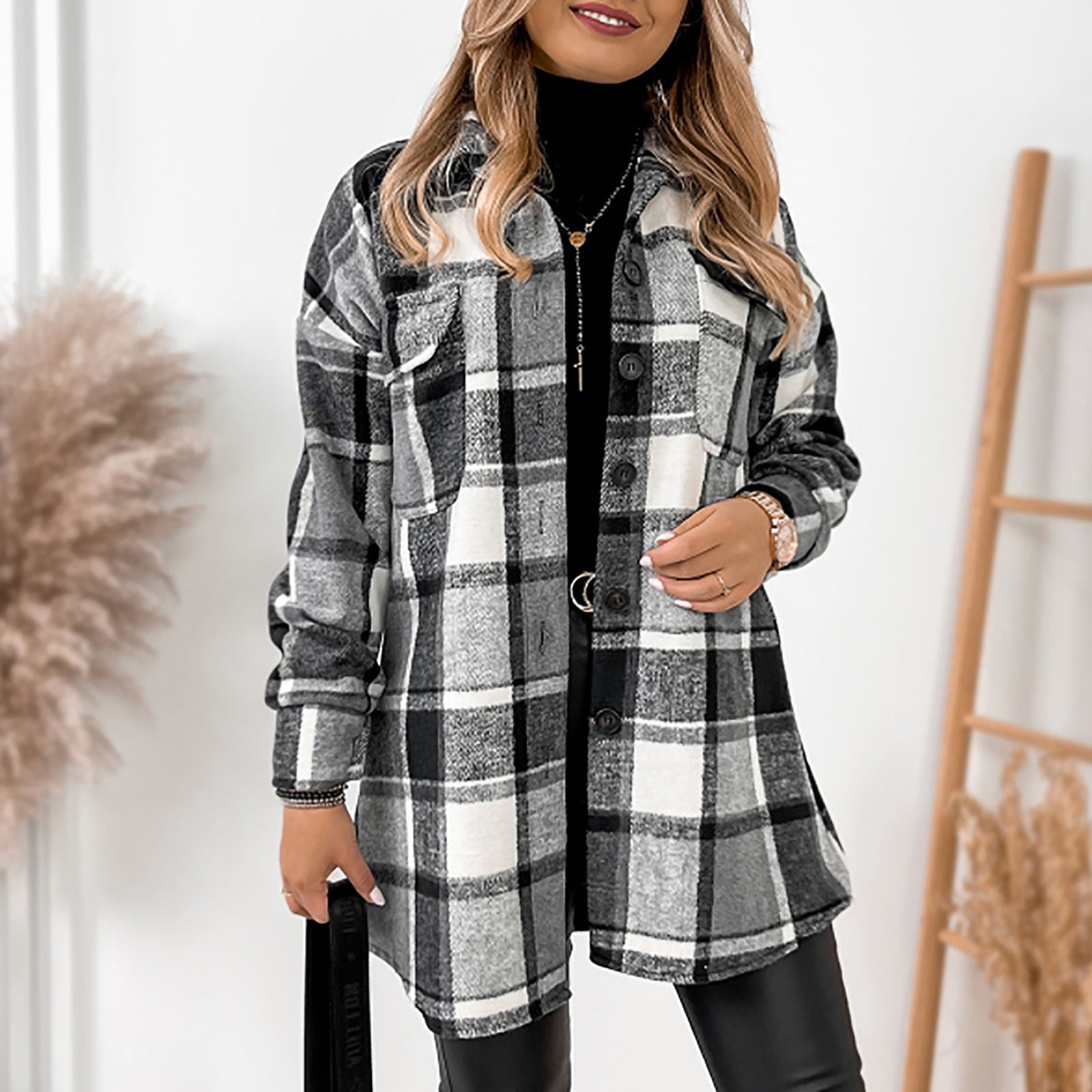 Voncos Fall Jackets for Women Trendy Casual Plaid Peacoat