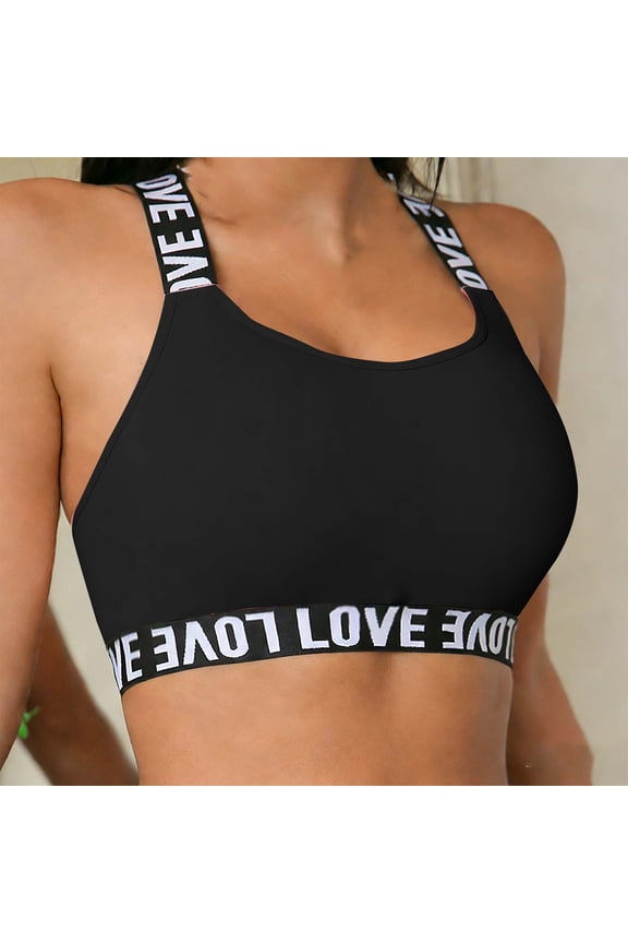 Black Womens Sports Bra, Cross Back Racerback Workout Bra with Graphic LOVE Lettering, Medium Support Yoga Fitness Bra Moisture-Wicking,Size S
