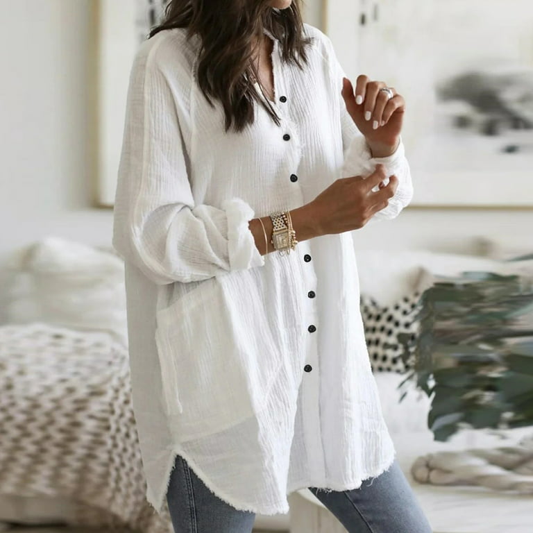 FITORON Casual T-Shirts For Women- Loose Comfy Shirts V Neck Long Sleeve  Solid Blouse Button-Down Tops White