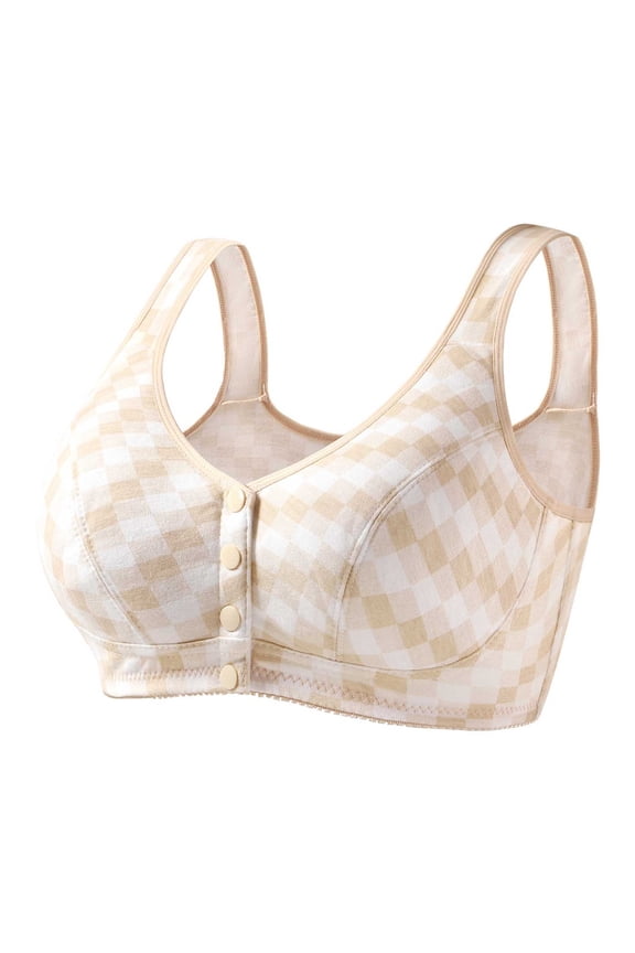 Comfort Front Snap Wireless Bra for Women, Post Surgery Mastectomy & Postpartum Bra, Soft Lounge Sleep Bra, Beige Checkered,Size 38