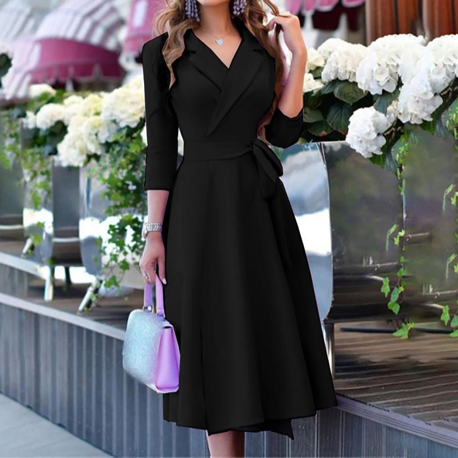 FITORON Dress for Women- Elegant Slim Party Dress Long Sleeve Pullover V  Neck Solid Fit Flare Dress Black 