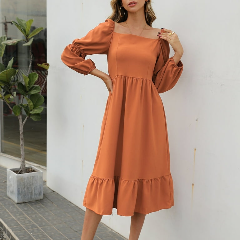 FITORON Dress for Women- Square Neck Fit Flare Long Sleeve Elegant Slim  Ruffles Dress Solid Puff Sleeves Full Zip Dress Orange