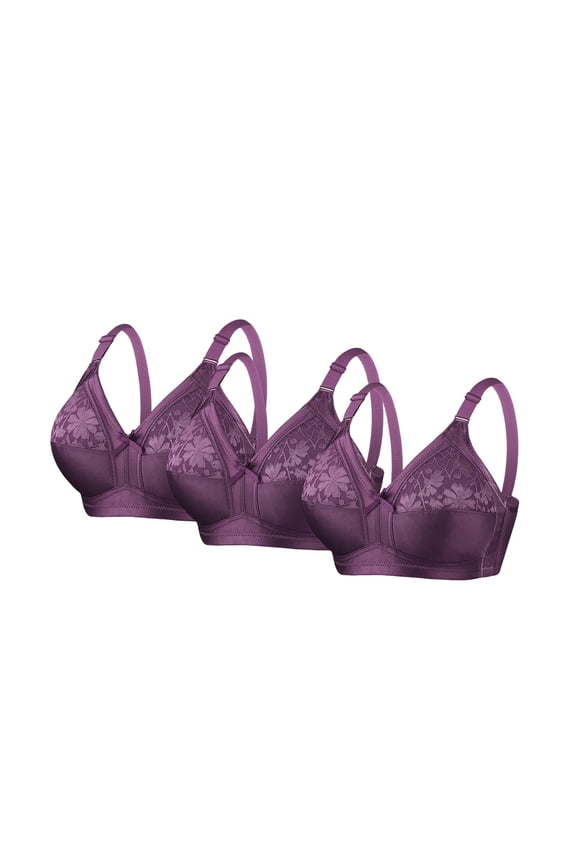 Everyday Wireless Bras for Women 3 Pack, Seamless No Underwire Comfort Bra with Lace, Purple,Size 46