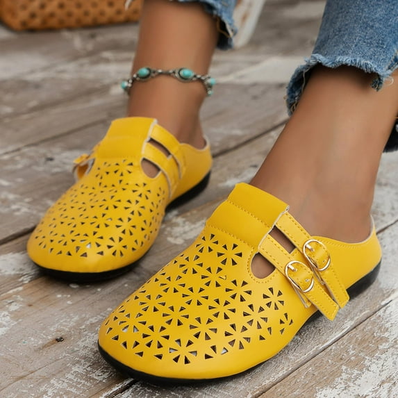 FITORON Flat Sandals for Women Hollow Closed Toe Slip On Shoes Yellow Size 9