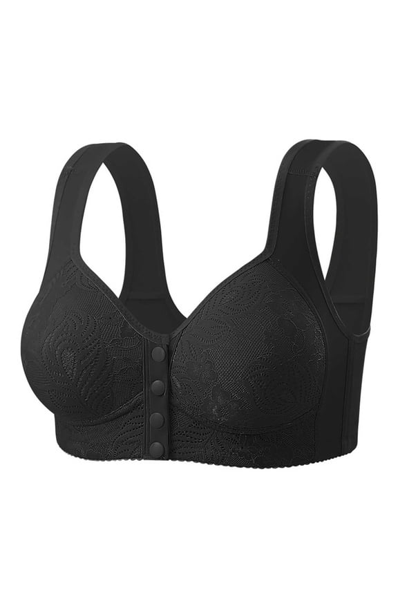 Front Closure Bras for Women Black Lace Wireless Comfort Everyday Full Coverage Bra Wide Straps Post Surgery Support,Size M