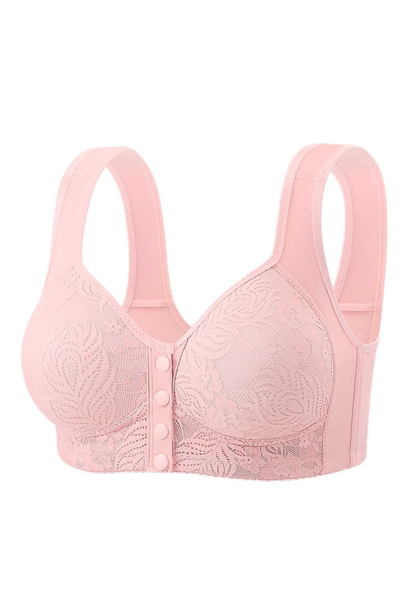 Front Closure Bras for Women Pink Wireless Full Coverage Comfort Everyday Bra with Lace Wide Straps Post Surgery Support,Size L