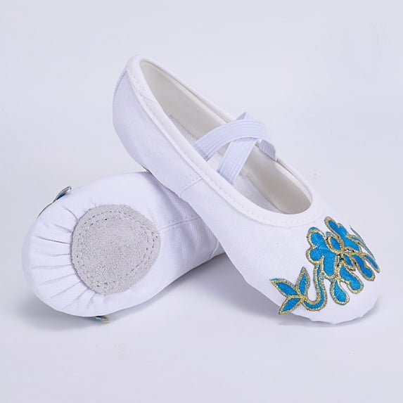 FITORON Girls Canvas Ballet Slippers White Embroidered Kids Dance Shoes Elastic Non-Slip Split Sole Gift,Size 8.5-9 Years