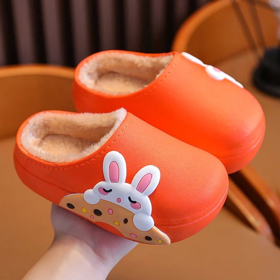 FITORON Girls Fleece Lined Cartoon Bunny Orange Clog Slippers Indoor Home Shoes,Size 5.5-7 Years
