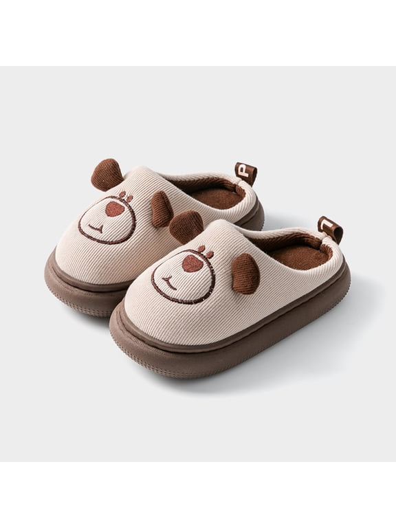 Kids Cartoon Bear Slippers - Warm Indoor Slip-On House Shoes for Boys and Girls Khaki,Size 3-4 Years