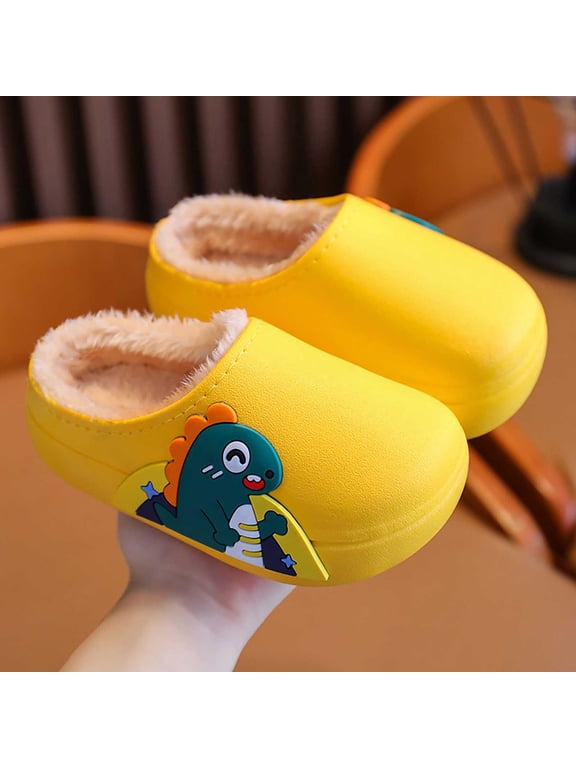 Kids Fleece Lined Dinosaur Slippers - Warm Indoor Winter Clogs, Non-Slip, Unisex Yellow,Size 10-11 Years