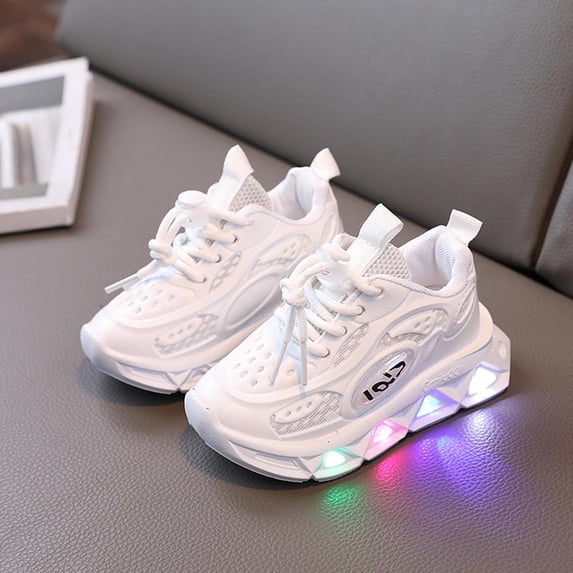 FITORON Kids Light Up Sneakers, Easy On/Off Elastic Lace, LED Flashing, Breathable PU, White for Boys & Girls,Size 1-1.5 Years