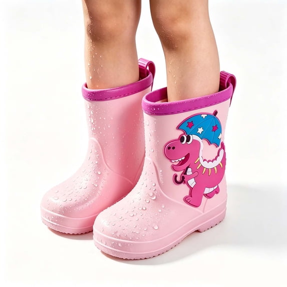 FITORON Kids Pink Dinosaur Rain Boots Mid Calf Waterproof Non-Slip Pull On Boys Girls Gift,Size 4-5 Years