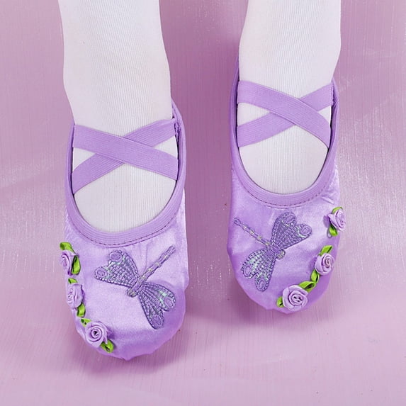 FITORON Kids Purple Ballet Slippers – Satin Dance Shoes with Embroidered Dragonfly, Non-Slip Split Sole for Kids & Big Girls,Size 3.5-4 Years