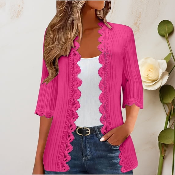 Zunfeo Kimonos Cardigan for Women Lace 3/4 Sleeve Dressy Blouse Summer Casual Open Front Tops Hot Pink XL