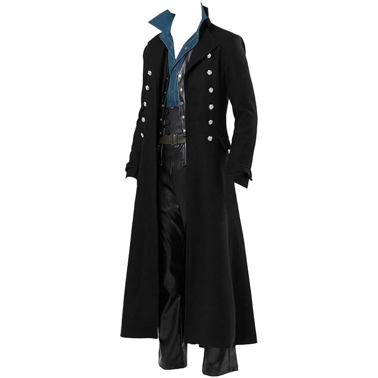 FITORON Men Casual Coats- Duster Steampunk Vintage Slim Gothic Long Coat  Button-Down Duster Collared Long Sleeve Solid Jacket Black
