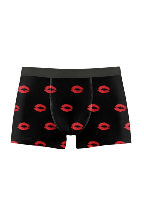 Mens Black Stretch Boxer Briefs with Red Lip Print, No-Ride-Up Wide Elastic Waistband, Comfortable Seamless Underwear for Daily Wear & Valentine's Gifts,Size L