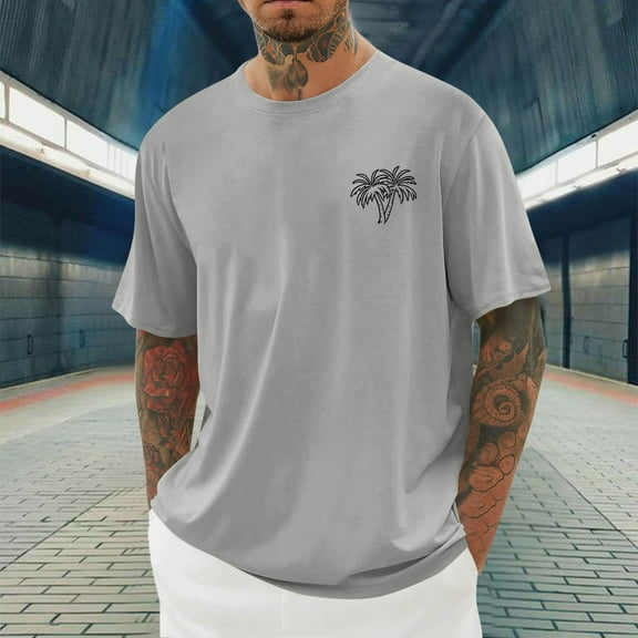 FITORON Mens Graphic T Shirt, Summer Crew Neck Causal Print Short Sleeve Men's Tees Light Gray