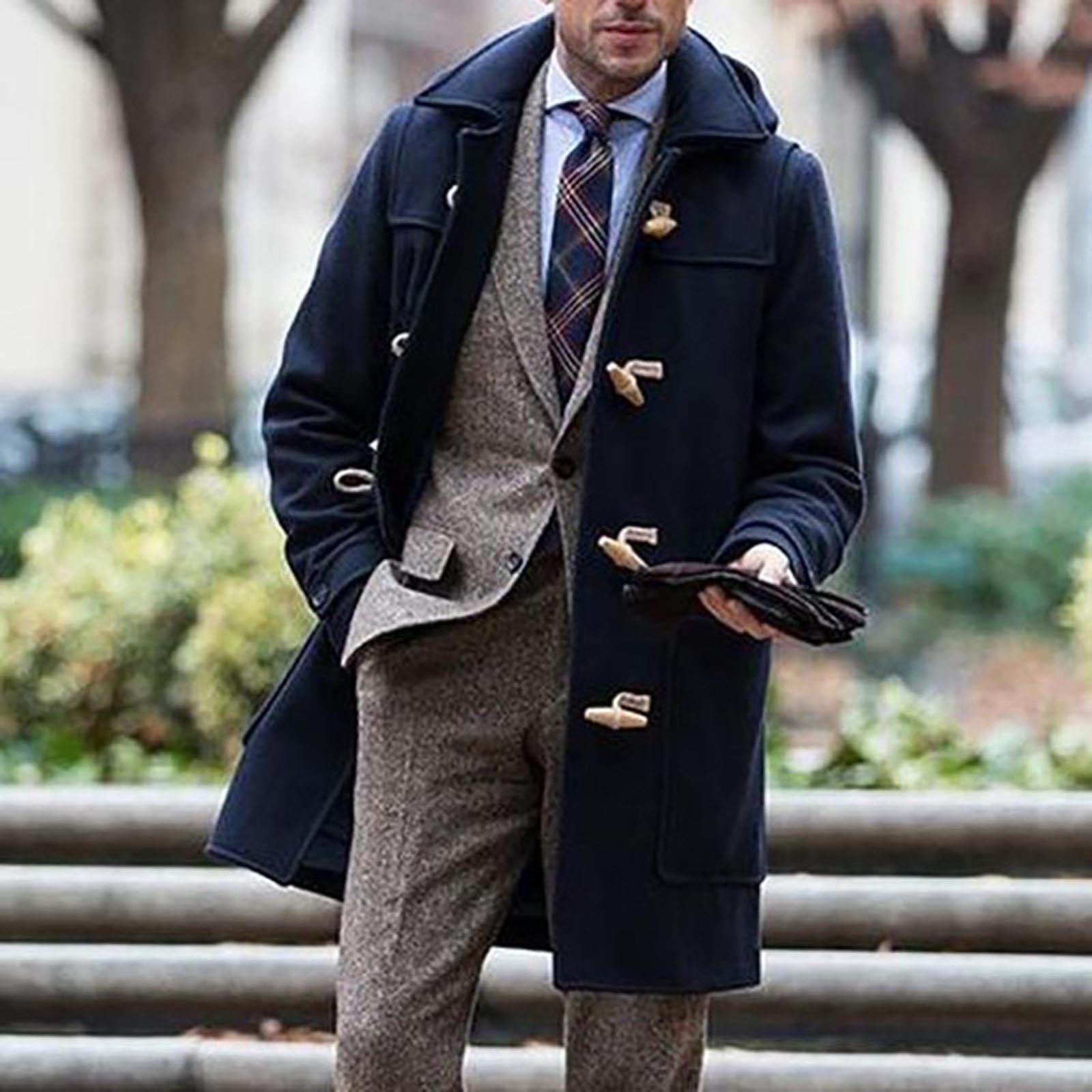 Voncos Winter Coat for Men Fleece Woolen Peacoat Elegant Button Trench Coat Long Sleeve Jacket Outerwear Dark Blue 3XL