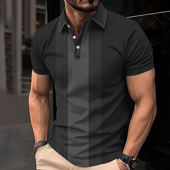 fnnxeal Mens Breathable Polo Shirt Button Collared Print Summer Casual Men's T Shirt Black Polo Shirts for Men Size 2XL