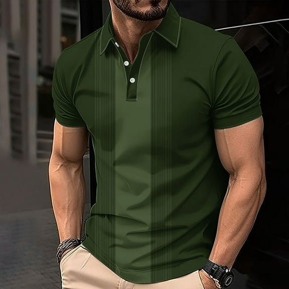 FITORON Mens Breathable Polo Shirt, Button Collared Summer Print Casual Men's T Shirt Green
