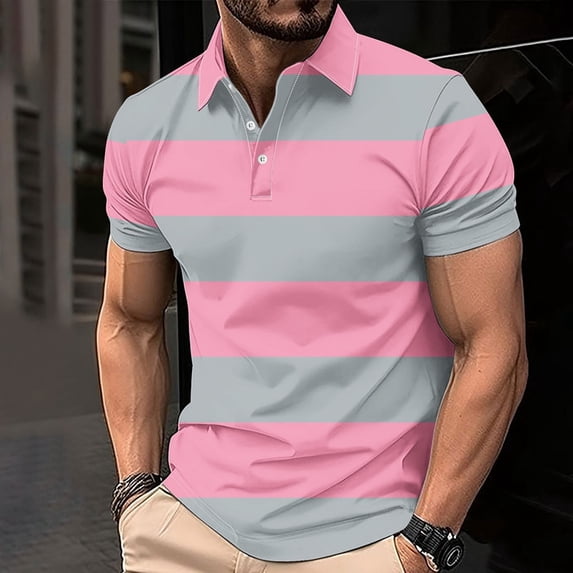 fnnxeal Mens Breathable Polo Shirt Button Collared Summer Print Casual Men's T Shirt Pink Polo Shirts for Men Size XL