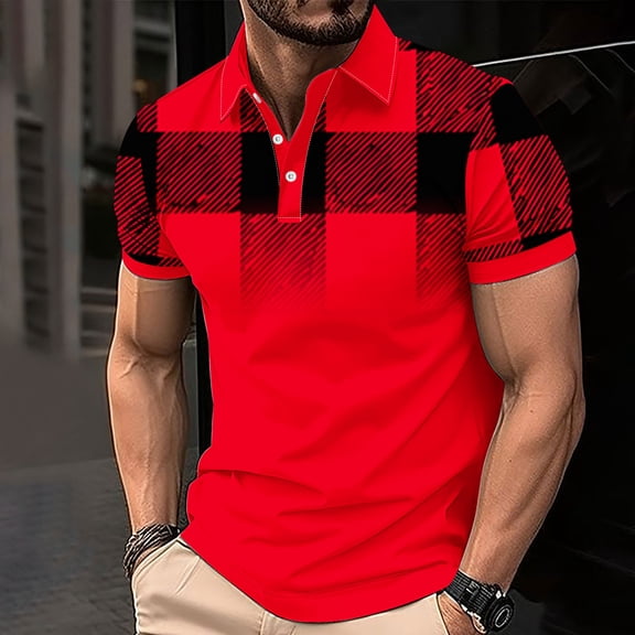 FITORON Mens Breathable Polo Shirt, Button Summer Collared Print Casual Men's T Shirt Red