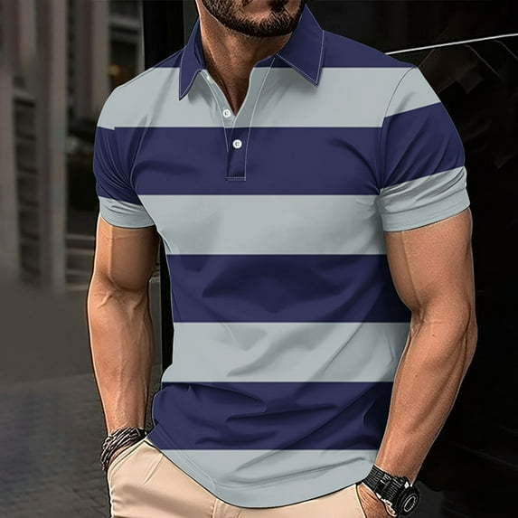 FITORON Mens Breathable Polo Shirt, Button Summer Print Casual Collared Men's T Shirt Navy