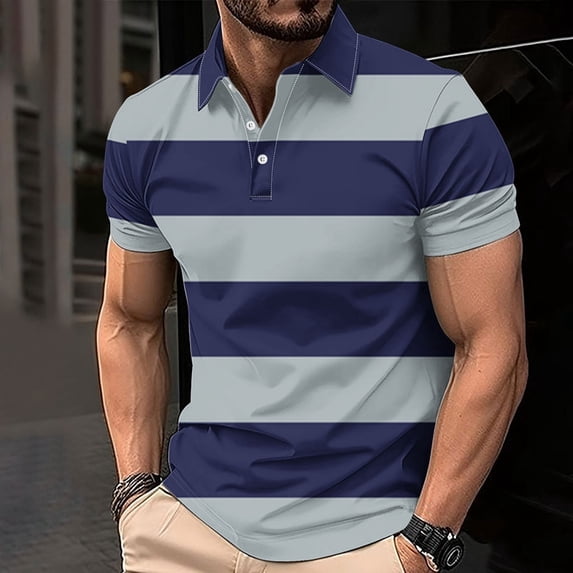 fnnxeal Mens Breathable Polo Shirt Casual Button Print Summer Collared Men's T Shirt Navy Polo Shirts for Men Size L