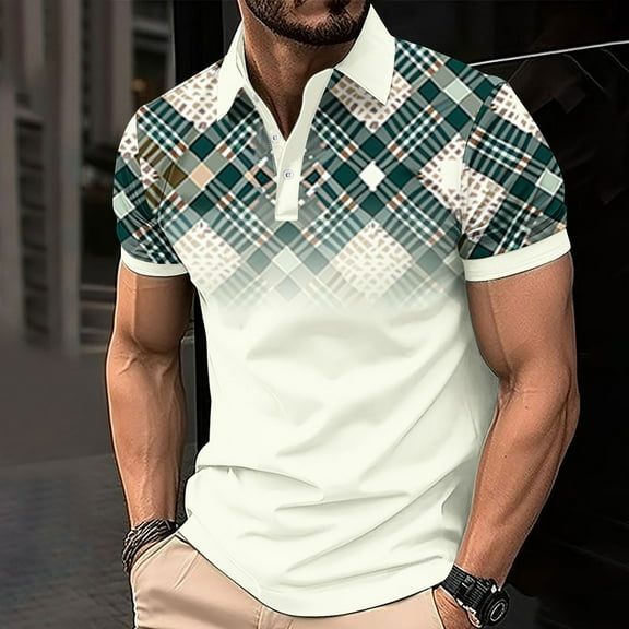 FITORON Mens Breathable Polo Shirt, Casual Collared Button Print Summer Men's T Shirt White