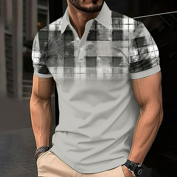 FITORON Mens Breathable Polo Shirt, Print Button Collared Casual Summer Men's T Shirt Gray