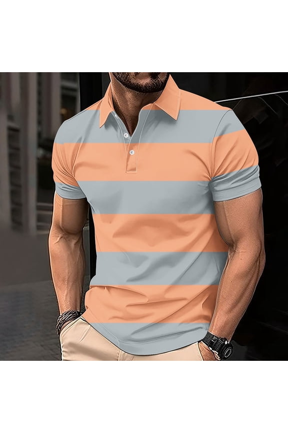 Mens Breathable Polo Shirt Print Button Collared Casual Summer Men's T Shirt Orange Polo Shirts for Men Size 4XL