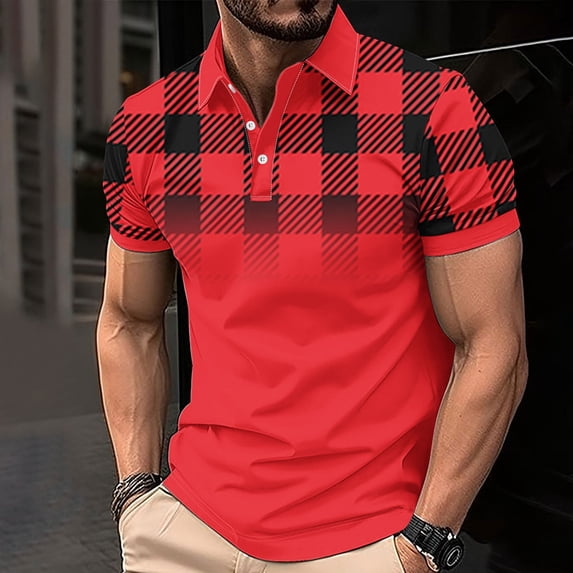 fnnxeal Mens Breathable Polo Shirt, Print Casual Button Collared Summer Men's T Shirt Red
