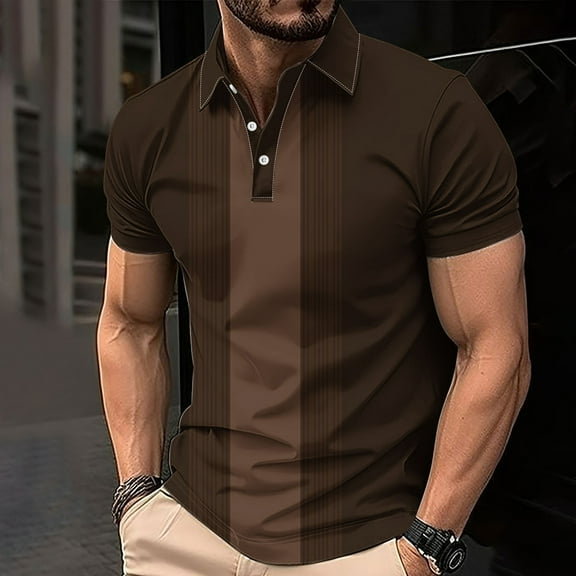 FITORON Mens Breathable Polo Shirt, Print Casual Summer Collared Button Men's T Shirt Brown