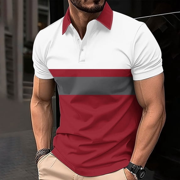 fnnxeal Mens Breathable Polo Shirt Print Summer Button Collared Casual Men's T Shirt Red Polo Shirts for Men Size 5XL