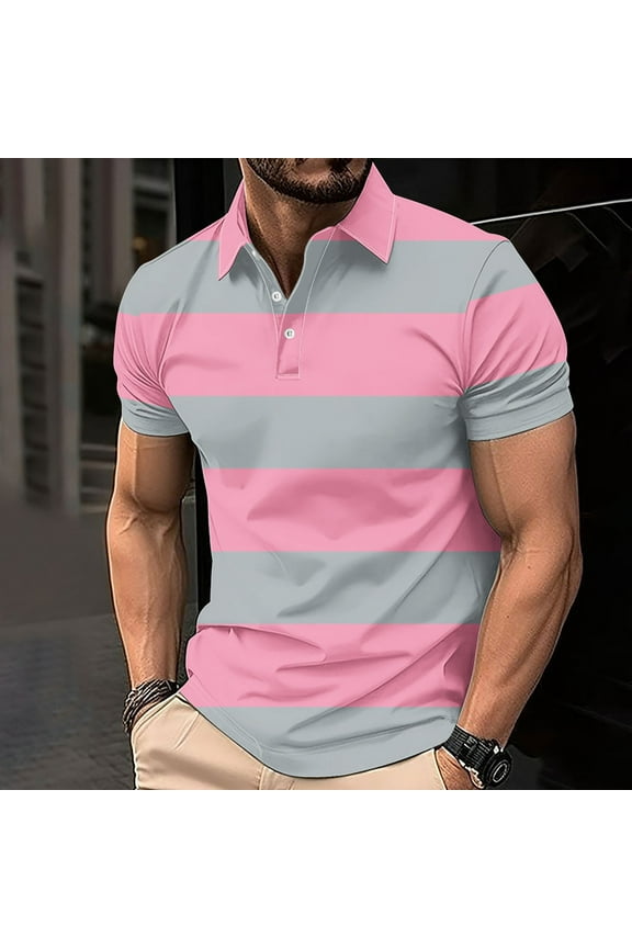 Mens Breathable Polo Shirt, Print Summer Casual Collared Button Men's T Shirt Pink