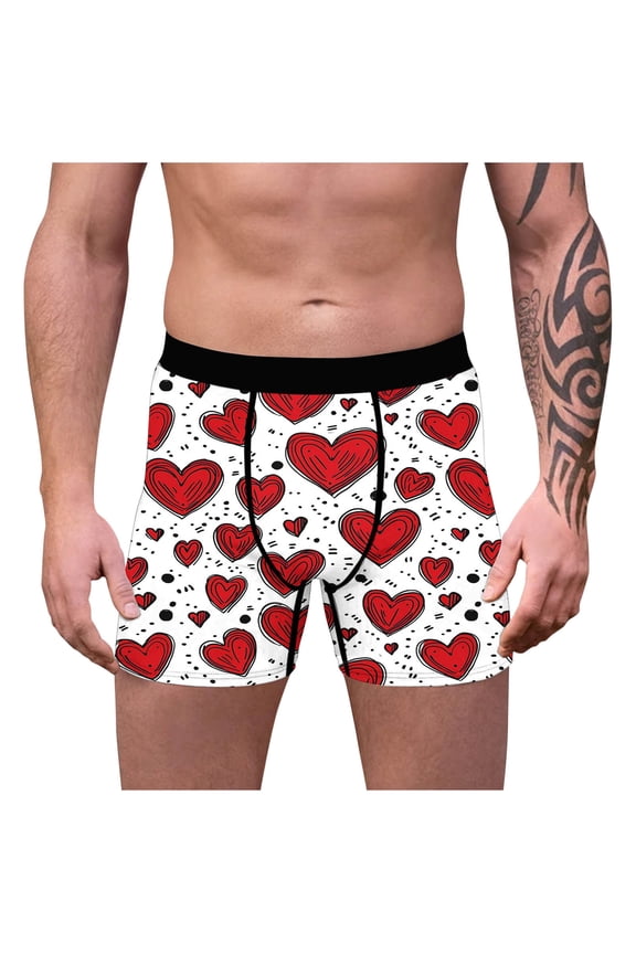 Mens Red Heart Print Boxer Briefs, 4-Way Stretch Tag-Free 3D Contoured Pouch Underwear, Valentine's Day Gift for Him, US Sizes S-XXL,Size 2XL