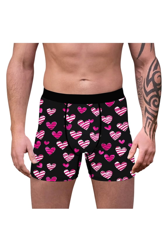 Mens Red Heart Print Boxer Briefs, Polyester Spandex 4-Way Stretch Mid-Rise Underwear with No-Ride-Up Legs, Comfortable Valentine's Day Gift for Men (S-XXL),Size S