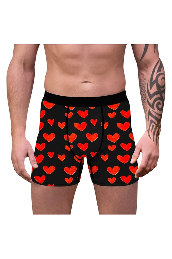 Mens Red Heart Print Boxer Briefs, Tag-Free Mid-Rise 4-Way Stretch Moisture-Wicking Underwear with Wide Elastic Waistband for Valentine's Day Daily Wear (S-XXL),Size M