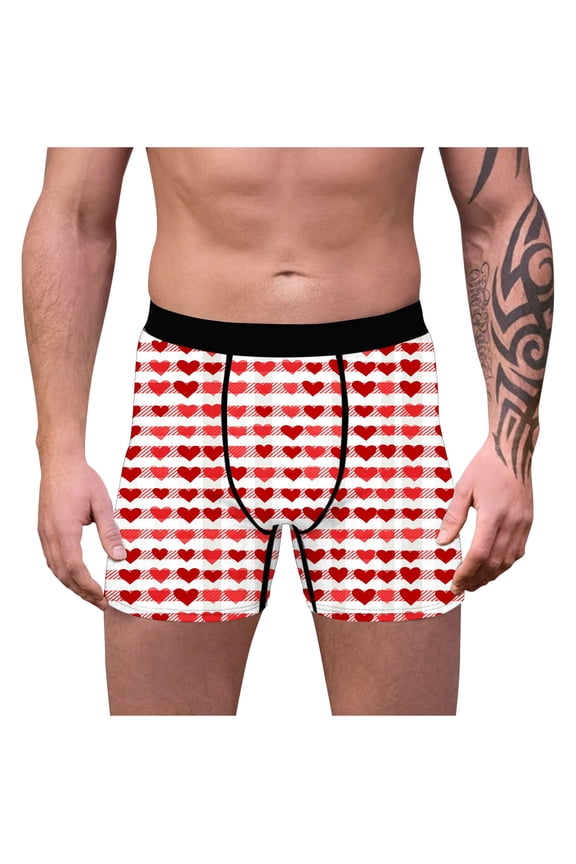 Mens Red Heart Print Gingham Boxer Briefs, Valentine's Day Stretch Underwear with Non-Rolling Waistband, Tag-Free Breathable Gift for Him,Size L