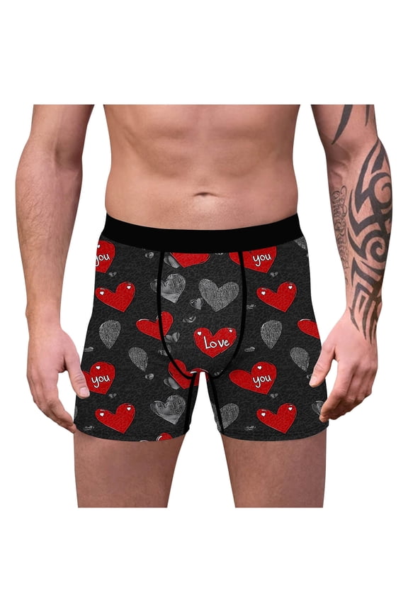 Mens Red Stretch Boxer Briefs, Heart Print Love Graphic Underwear for Valentine's Day Gift ,Size M