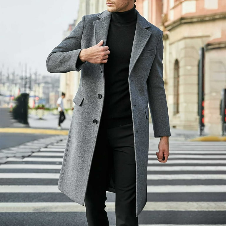 FITORON Men Winter Coats- Elegant Slim Woolen Overcoat Long Sleeve Collared  Button-Down Solid Peacoat Jacket Black 