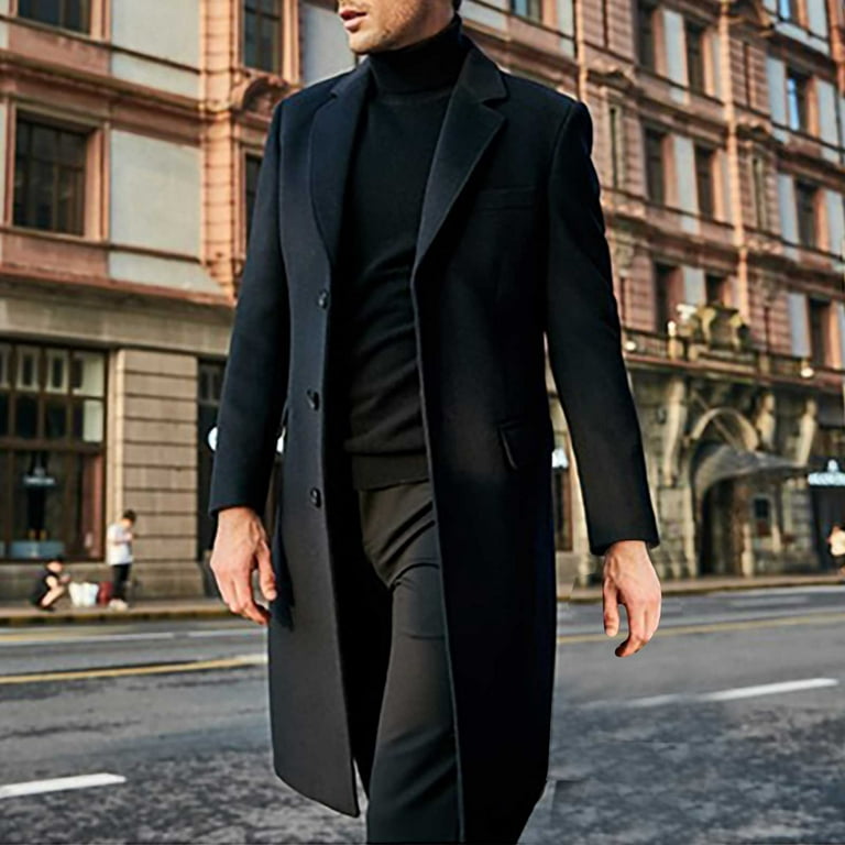 FITORON Mens Wool Coat- Solid Duster Trench Coat Fashion Elegant