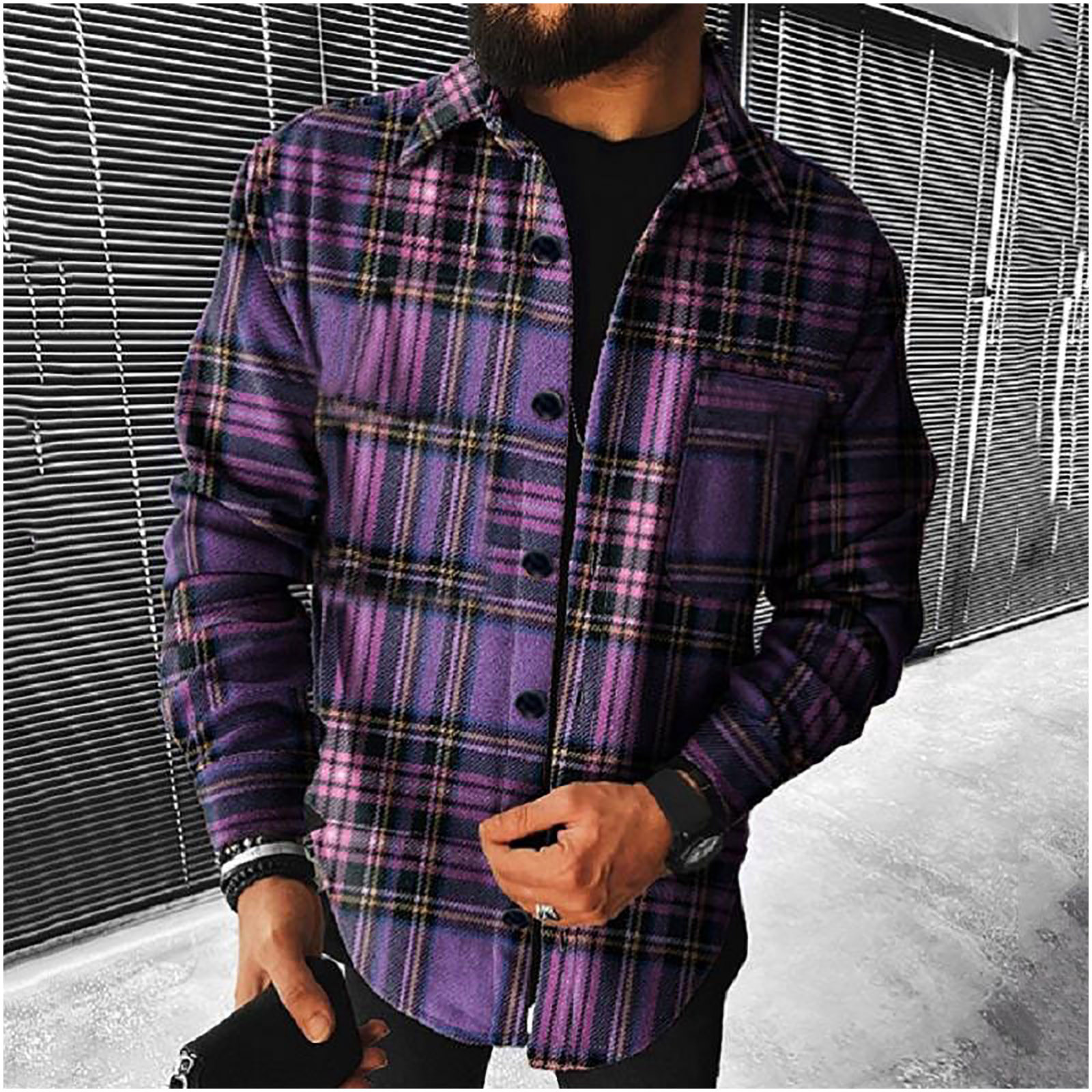 FITORON Mens Wool Coat Turtleneck Long Sleeve Flannel Jacket Button Down Overcoat Warm Comfy Trench Coat Plaid Outerwear Purple L Christmas Gift Walmart
