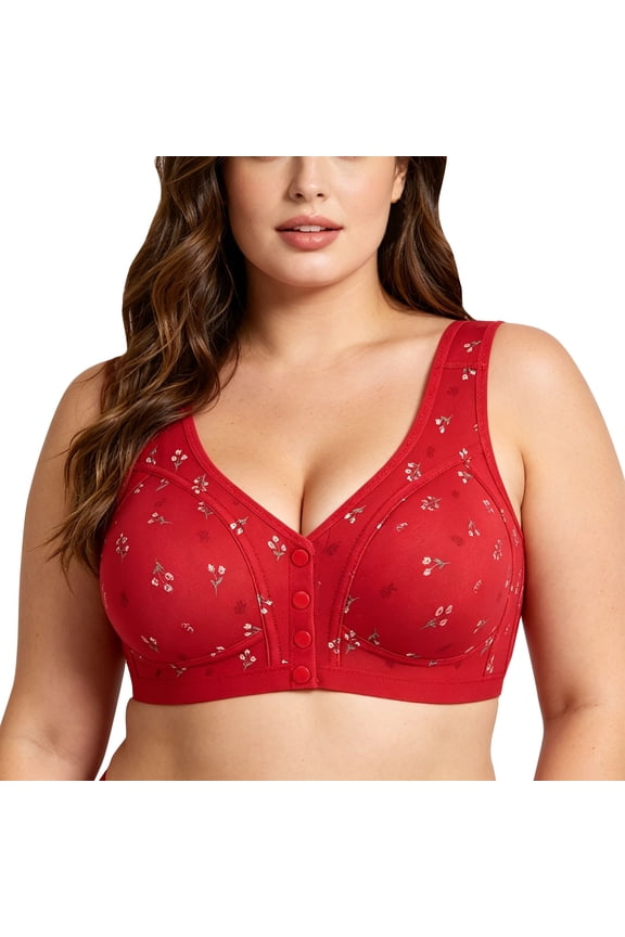 Plus Size Women Front Snap Wireless Bra Red Full Coverage Floral Comfort Lounge Bra Wide Straps,Size 46