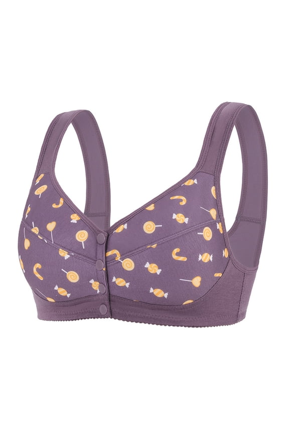 Purple Front Closure Nursing Bra with Snap, Wireless Soft Maternity & Sleep Bra for Breastfeeding, Cute Print Comfort Adjustable,Size M
