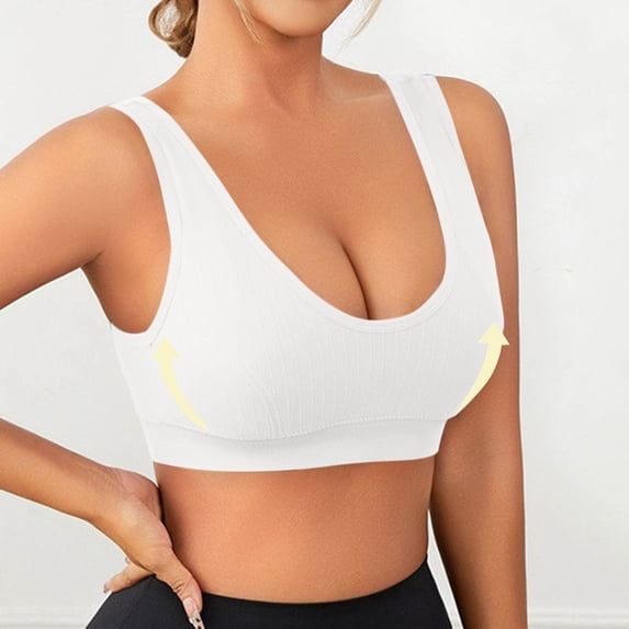 FITORON Seamless Sports Bra for Women Medium Support Ribbed V Neck Racerback High Impact Workout Top White,Size M