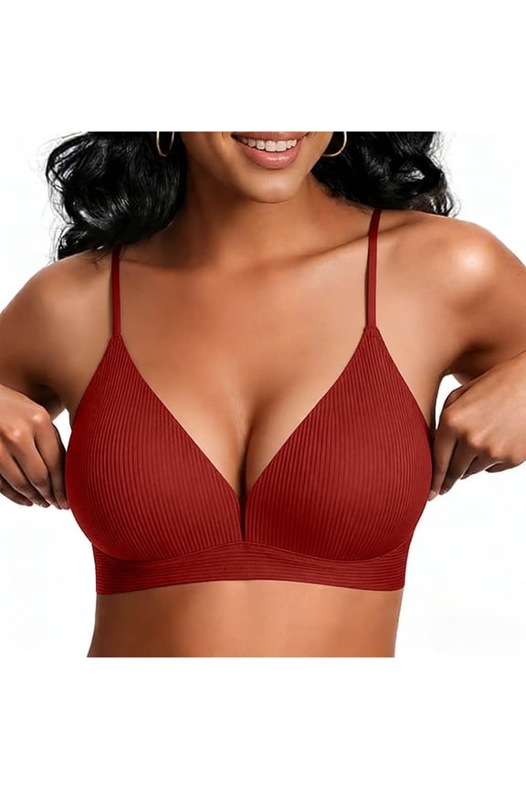 Seamless Wireless Bra for Women, Red Ribbed T-Shirt Bralette - No Show Comfort Everyday Bra, Light Support Pull On Smoothing Bra,Size M