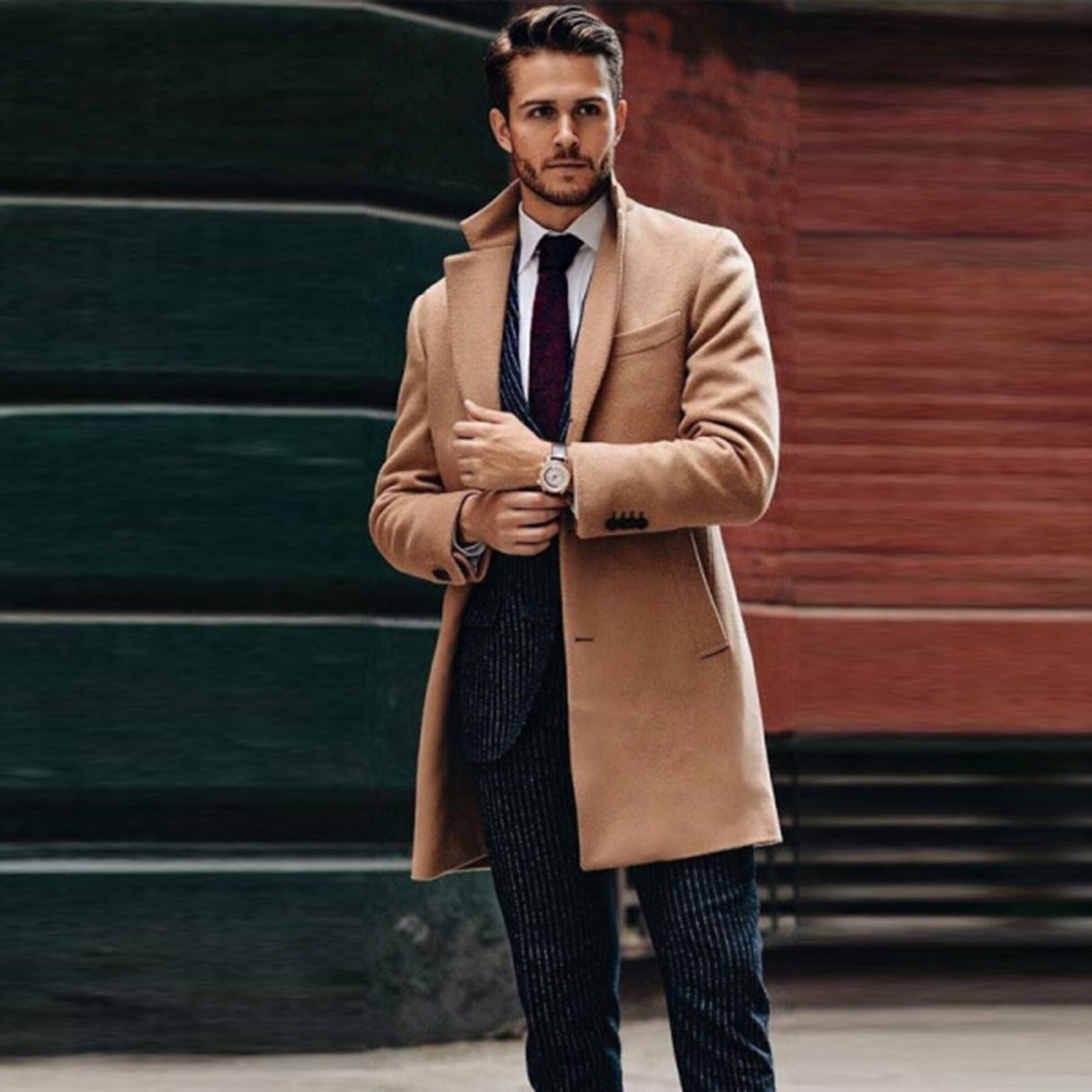 FITORON Winter Coats for Men Solid Peacoat Long Sleeve Peacoat Button Down Elegant Slim Woolen Overcoat Collared Jacket Khaki