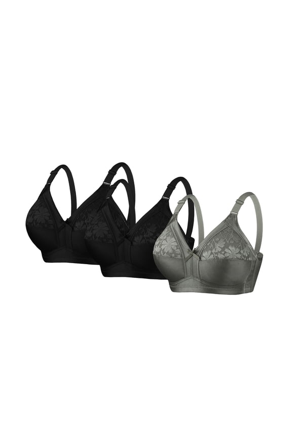 Wireless Bras 3 Pack for Women, Full Coverage Front Closure Seamless Bra Set, Comfort Everyday Lace Bras Plus Size in Black,Size 36