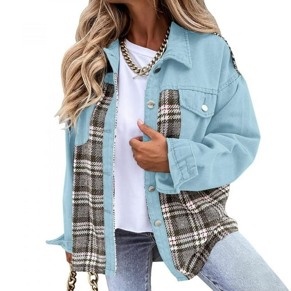 Voncos Denim Jacket for Women Boyfriend Fall Jean Jacket Button Down Plaid Shackets Long Sleeve Outerwear Sky Blue XL